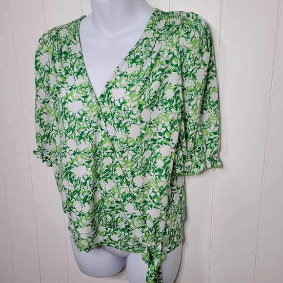 INC Faux Wrap Top Womens Size Medium Green White Side Tie - Picture 3 of 8